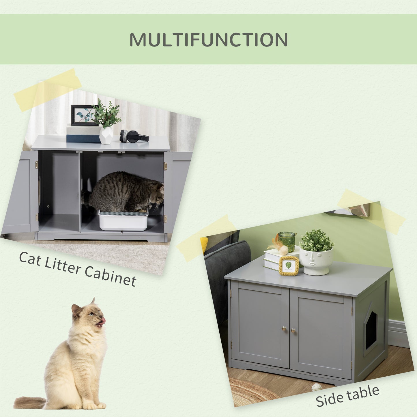 Gray wooden cat litter cabinet with dual doors and ventilation opening