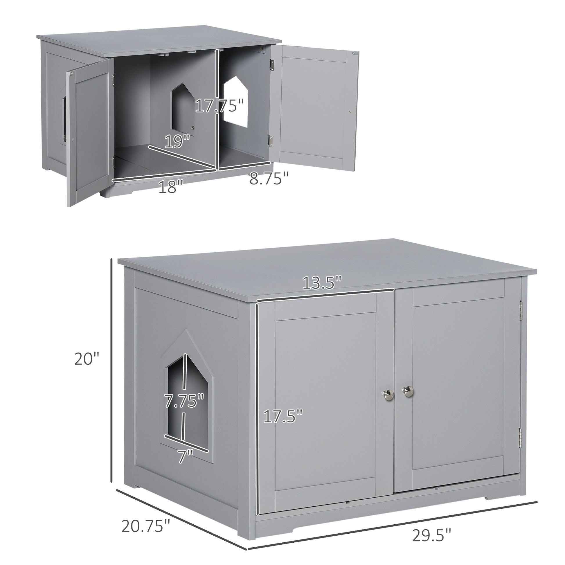 Grey wooden litter box enclosure with double doors and side ventilation cutouts