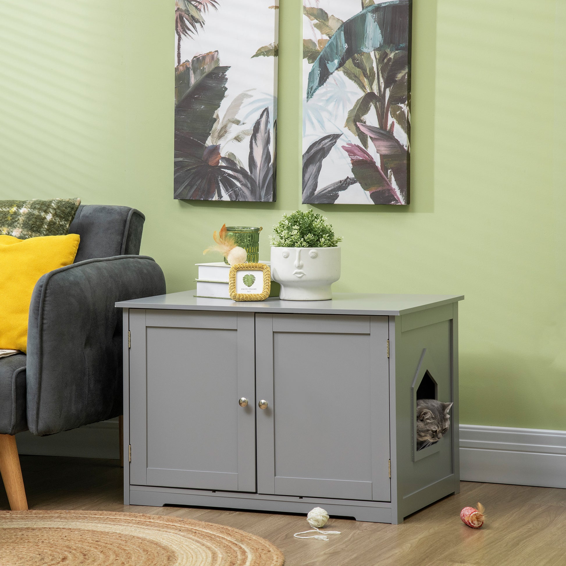 Gray wooden cat litter box enclosure with modern minimalist design and side entrance