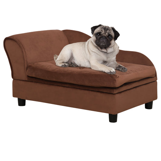 Brown velvet pet chaise lounge with a pug resting on it offering comfortable dog seating