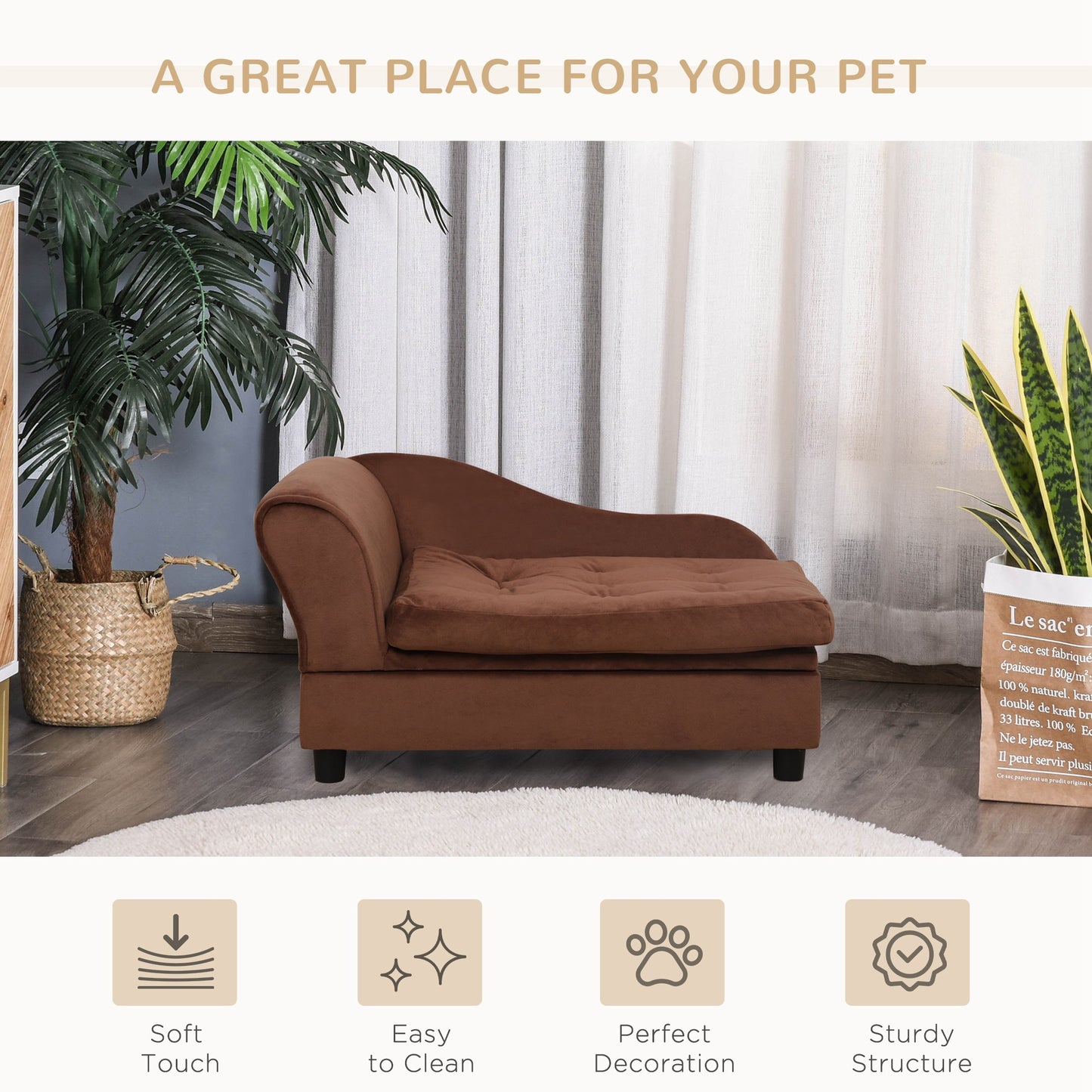 Brown velvet tufted pet sofa with raised armrest and quilted seat cushion