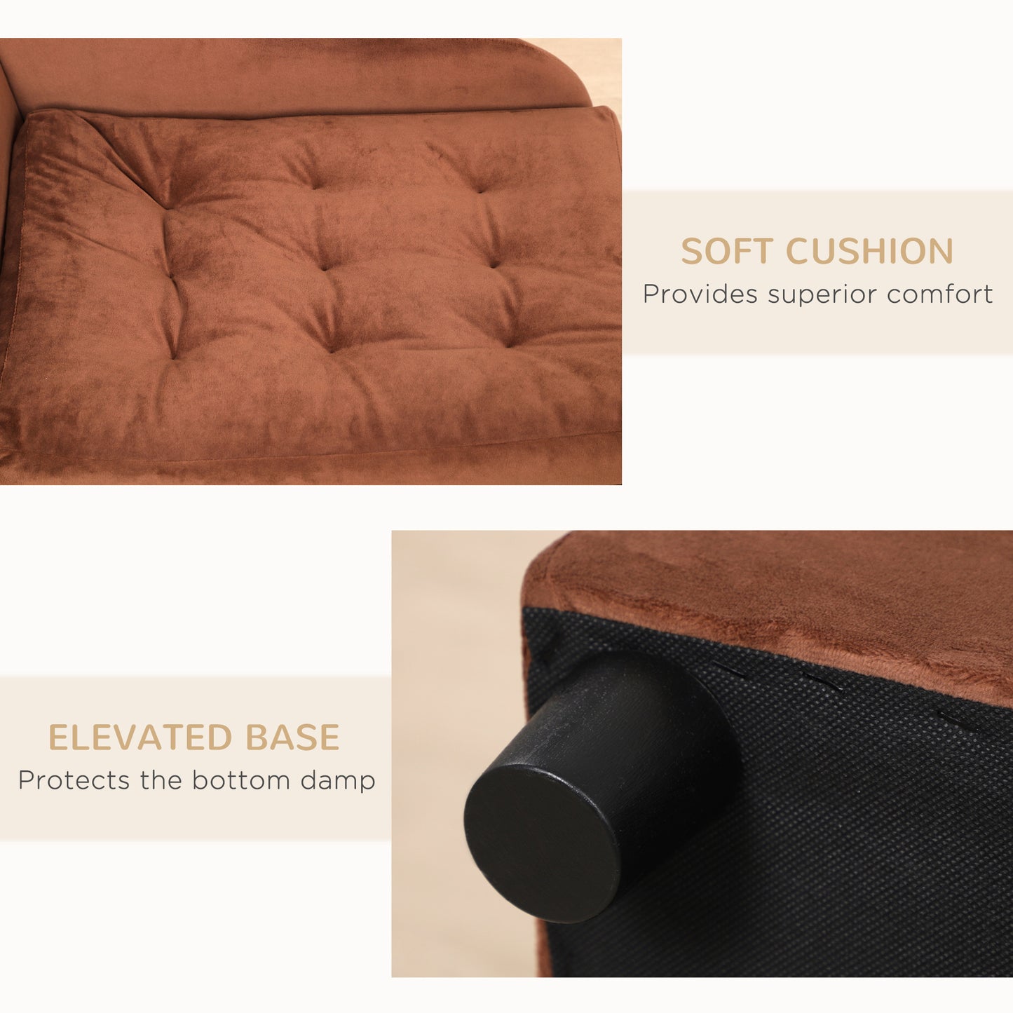 Brown velvet tufted cushion on a pet bed with black wooden legs