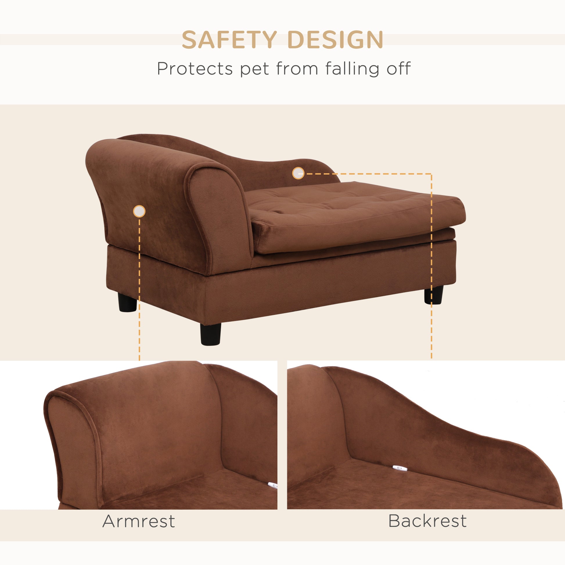 Brown velvet tufted pet sofa with raised armrests and backrest for safety