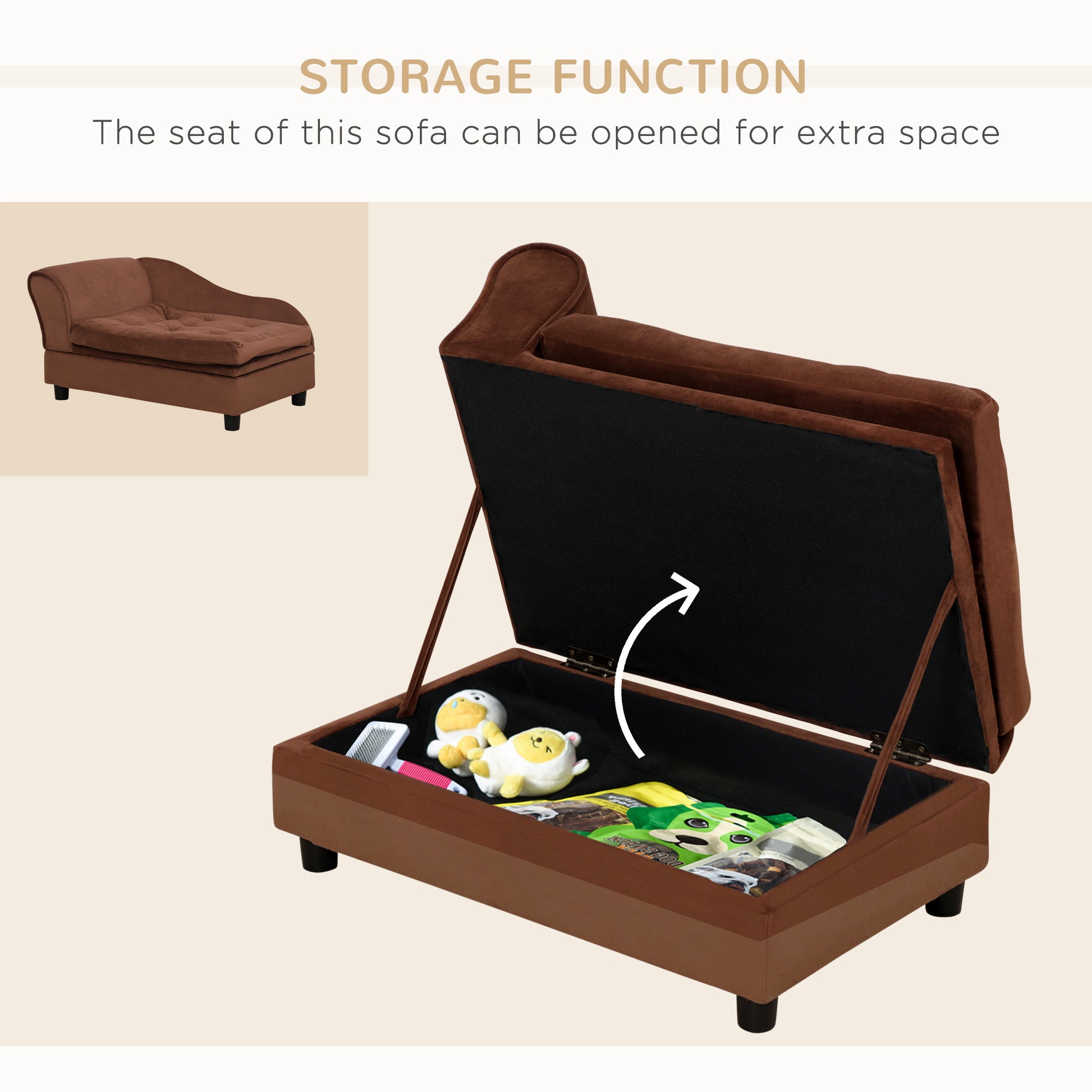 Brown velvet dog sofa with hidden storage for pet supplies and toys