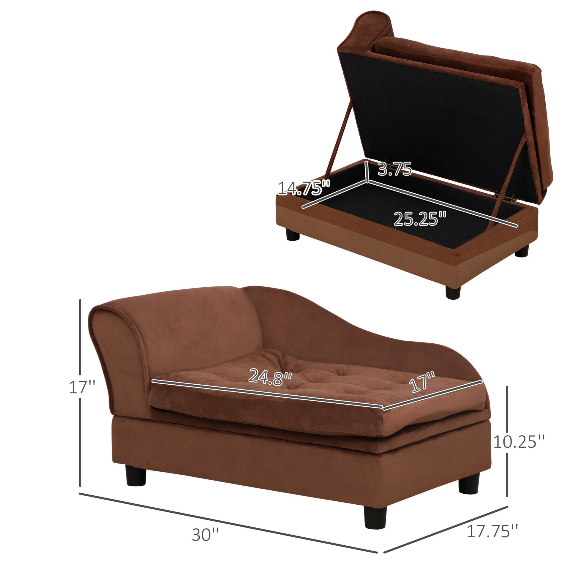 Brown velvet chaise lounge with tufted seat and hidden storage compartment