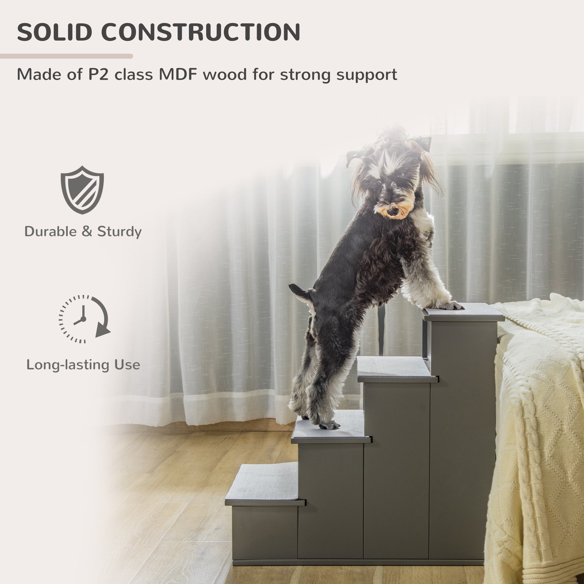 Gray MDF dog stairs fourtier pet ramp perfect for elderly dogs reaching the bed