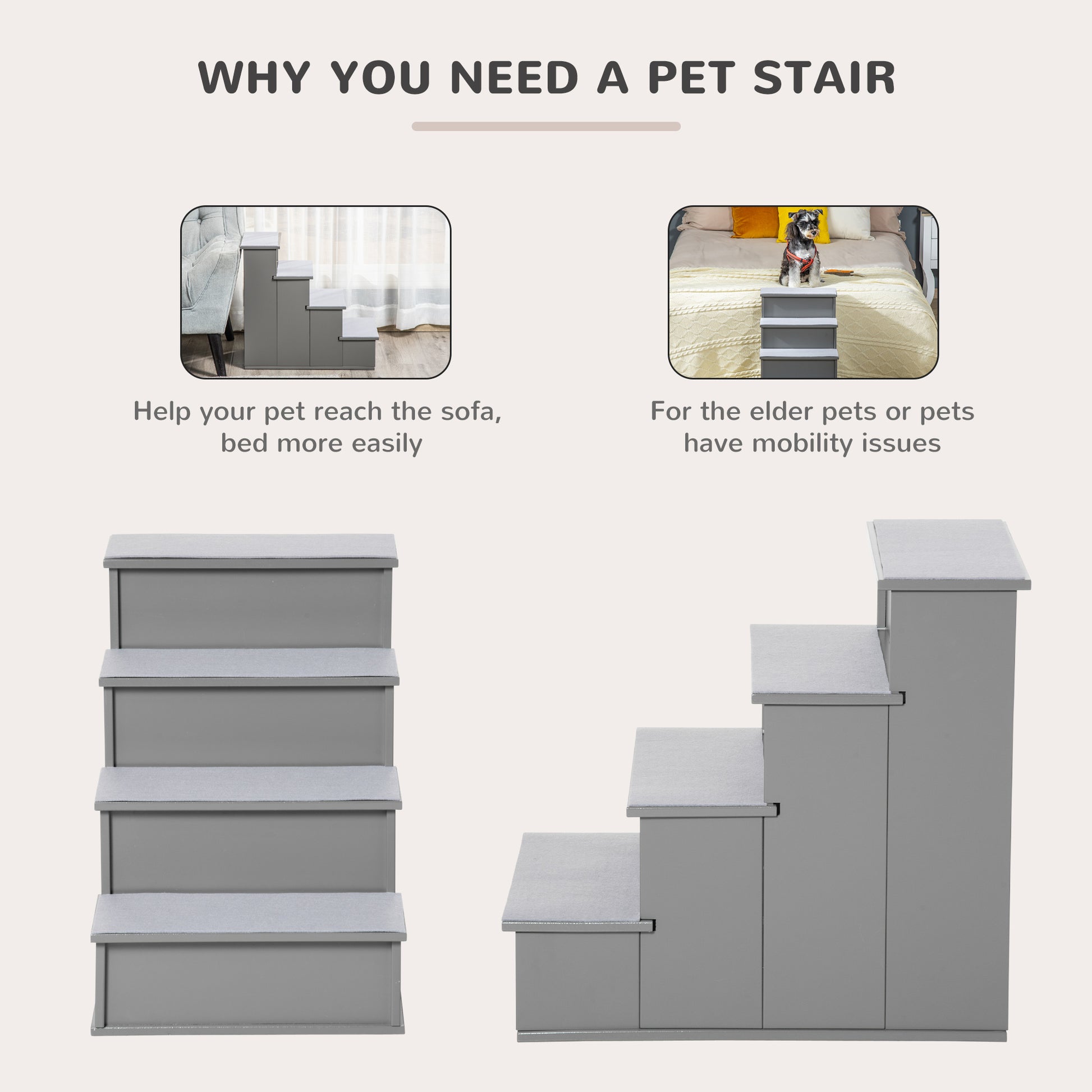 Gray fourstep pet stair with nonslip tread for easy access to furniture