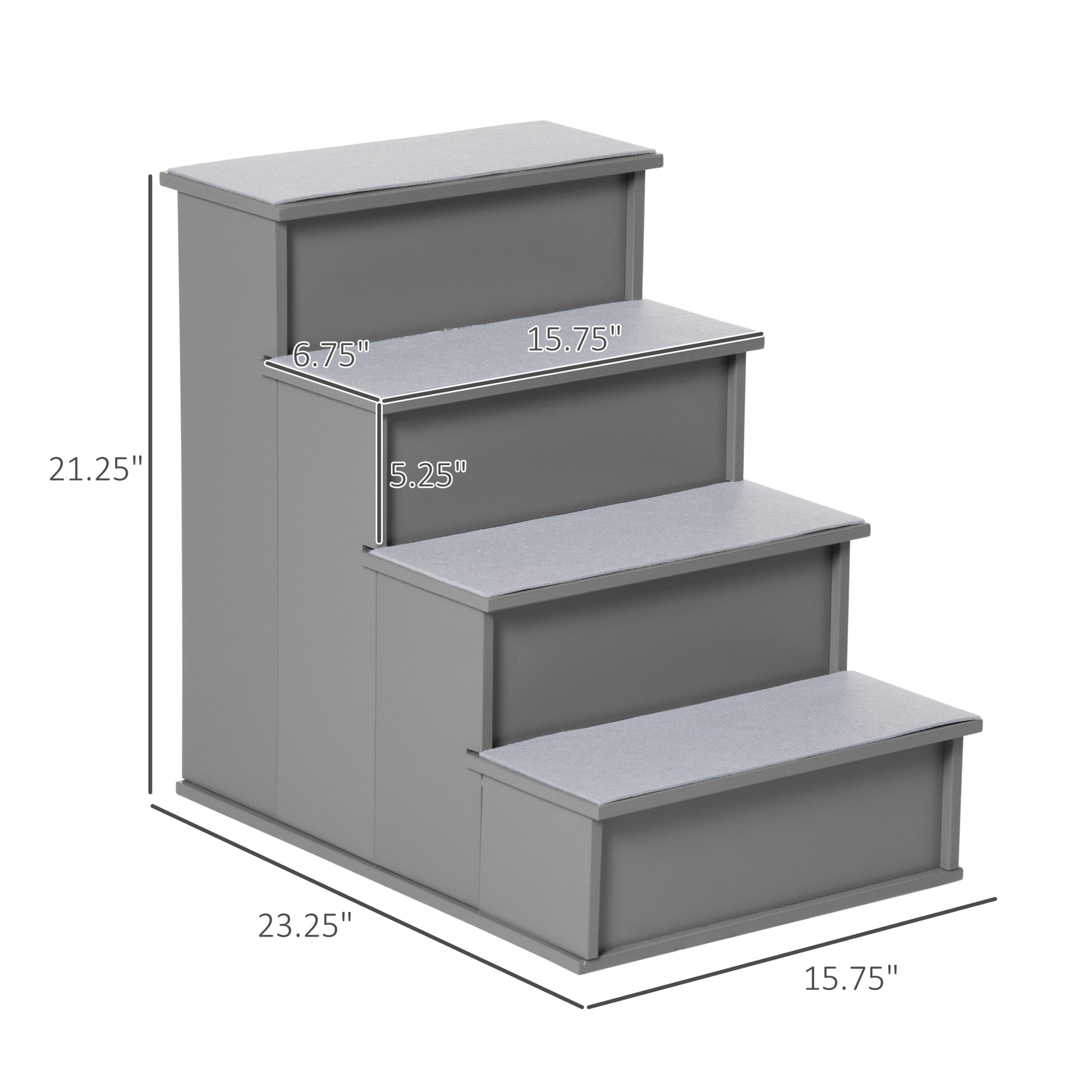 Gray fourstep pet stairs with textured treads for traction assisting pets to reach high places