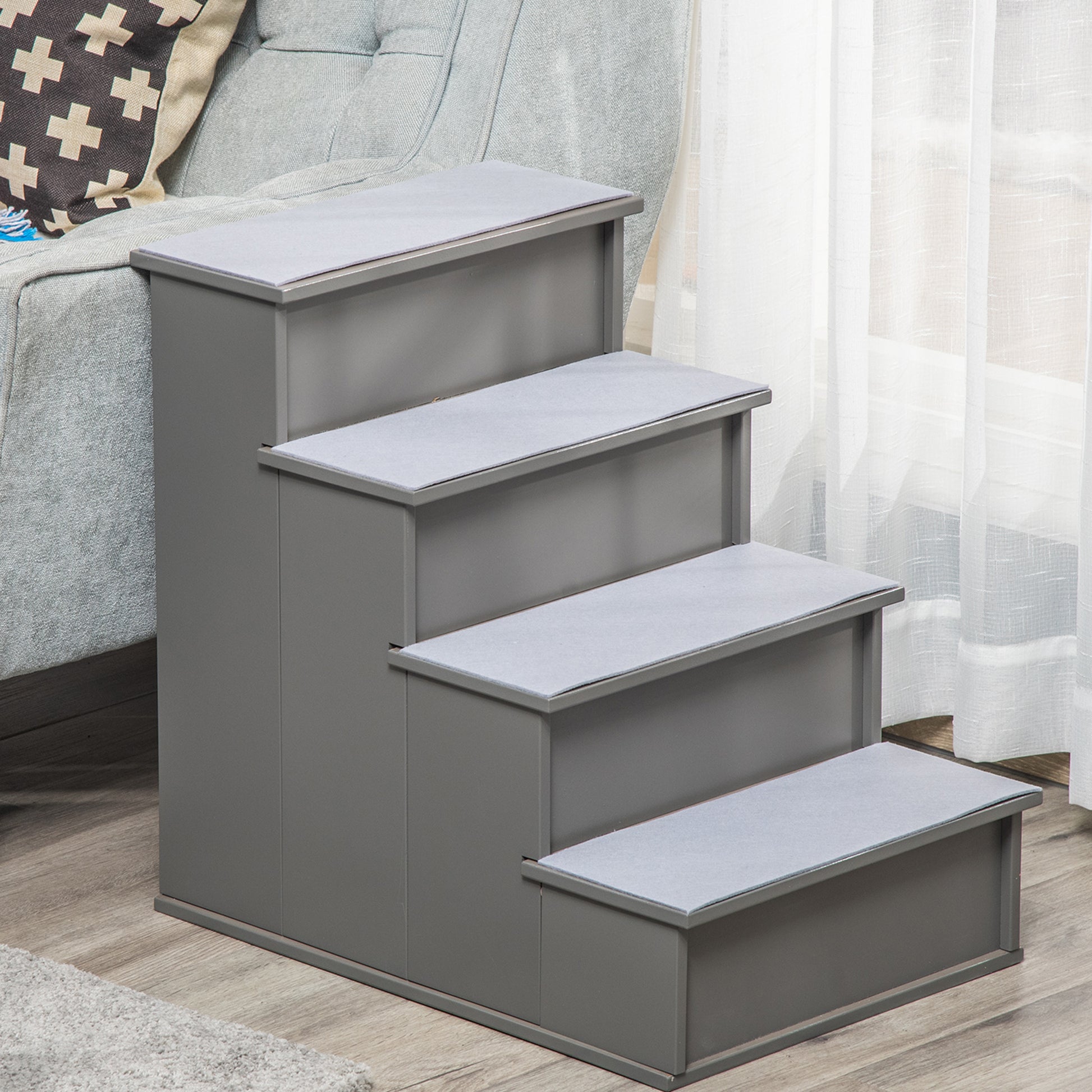 Fourstep gray pet stairs with nonslip treads for easy access to furniture
