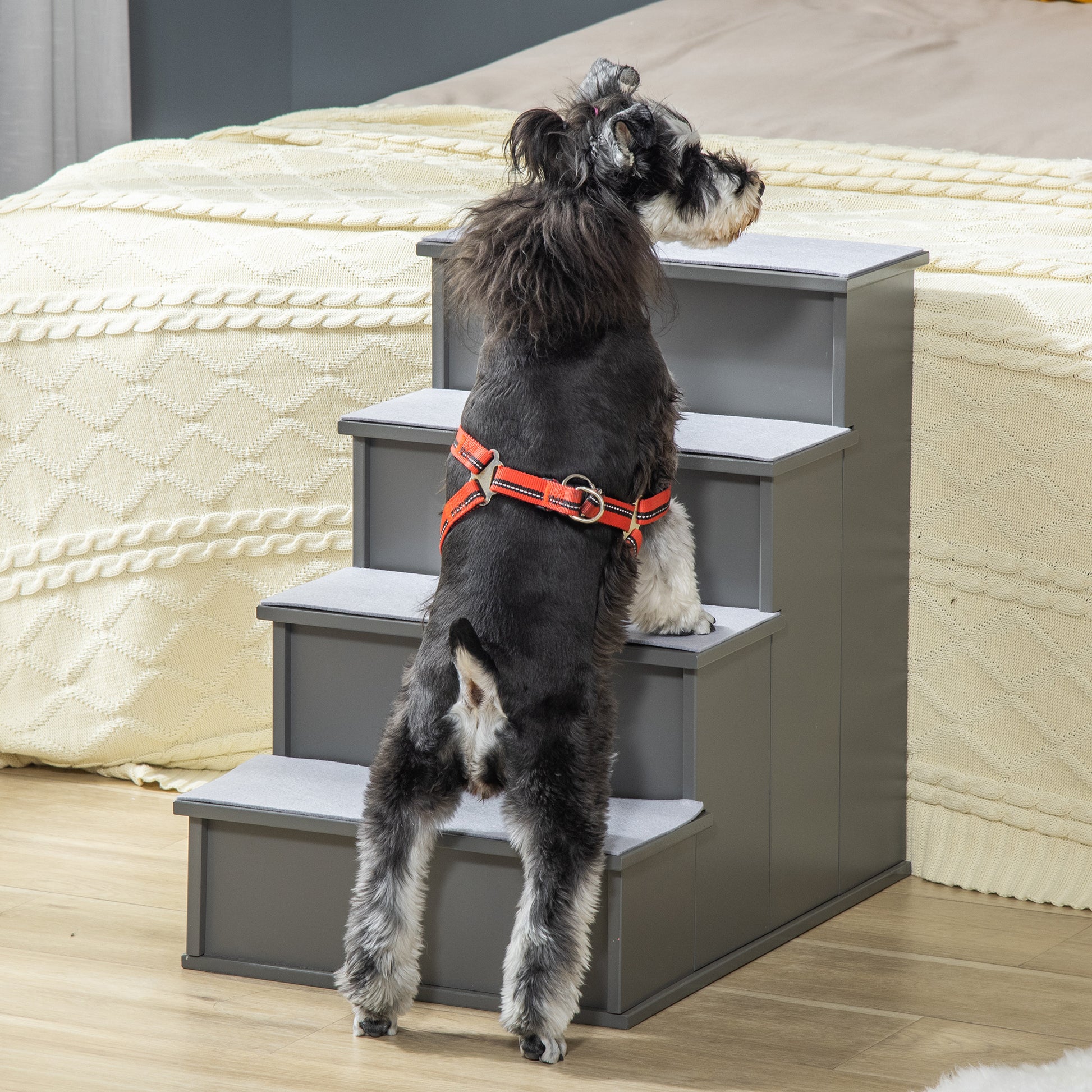 Gray fourstep dog stairs with antislip pads for small pets