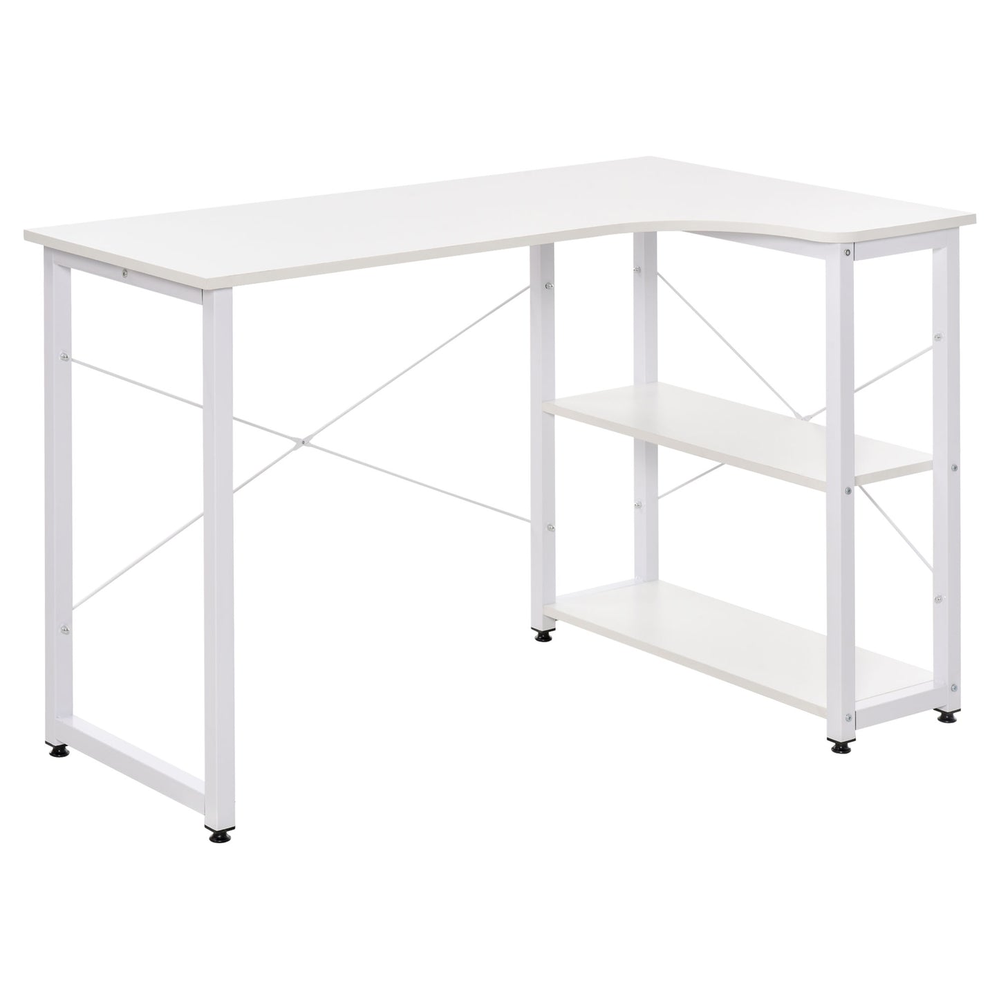 Modern white lshaped desk with two integrated shelves and a metal frame
