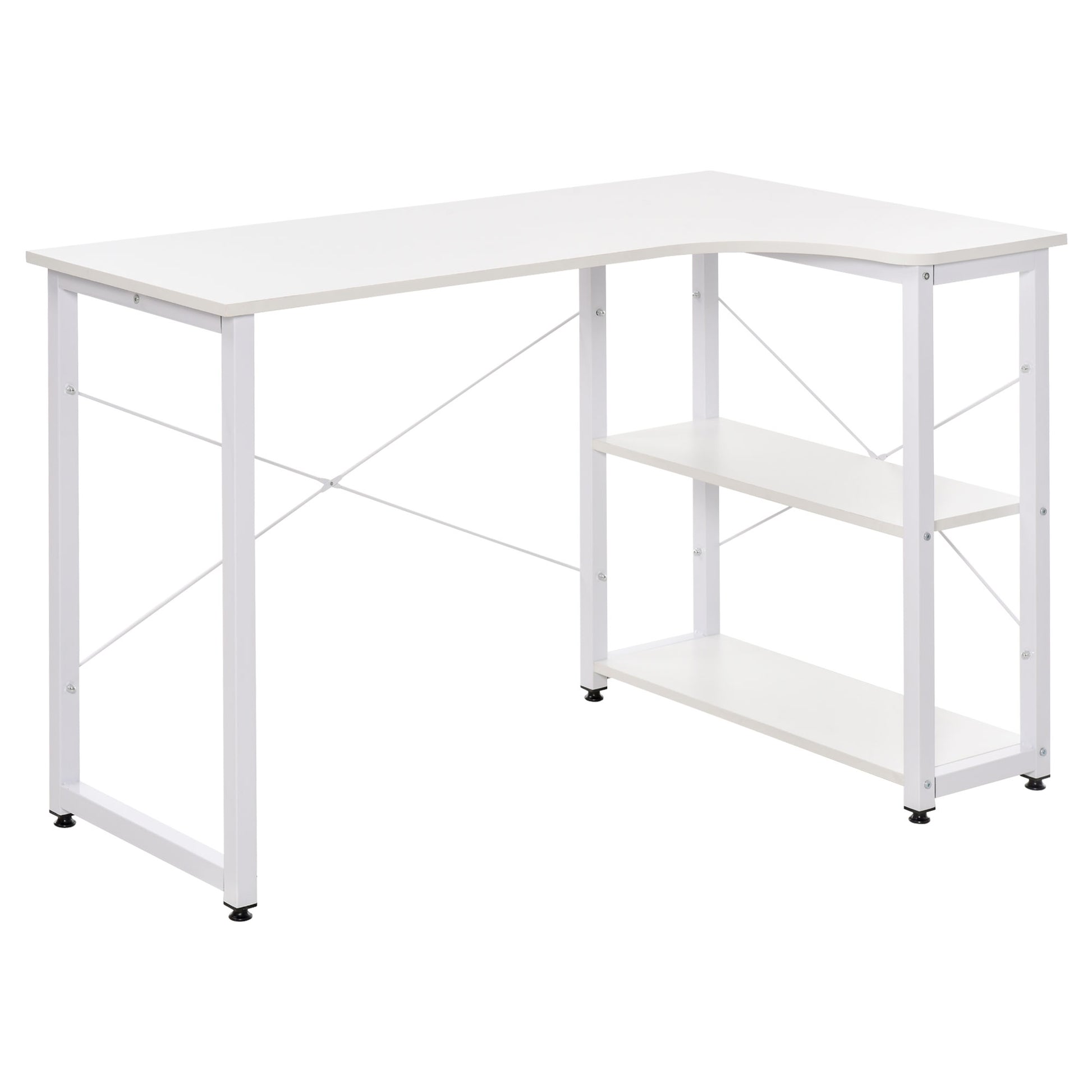 Modern white lshaped desk with two integrated shelves and a metal frame