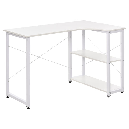 Modern white lshaped desk with two integrated shelves and a metal frame