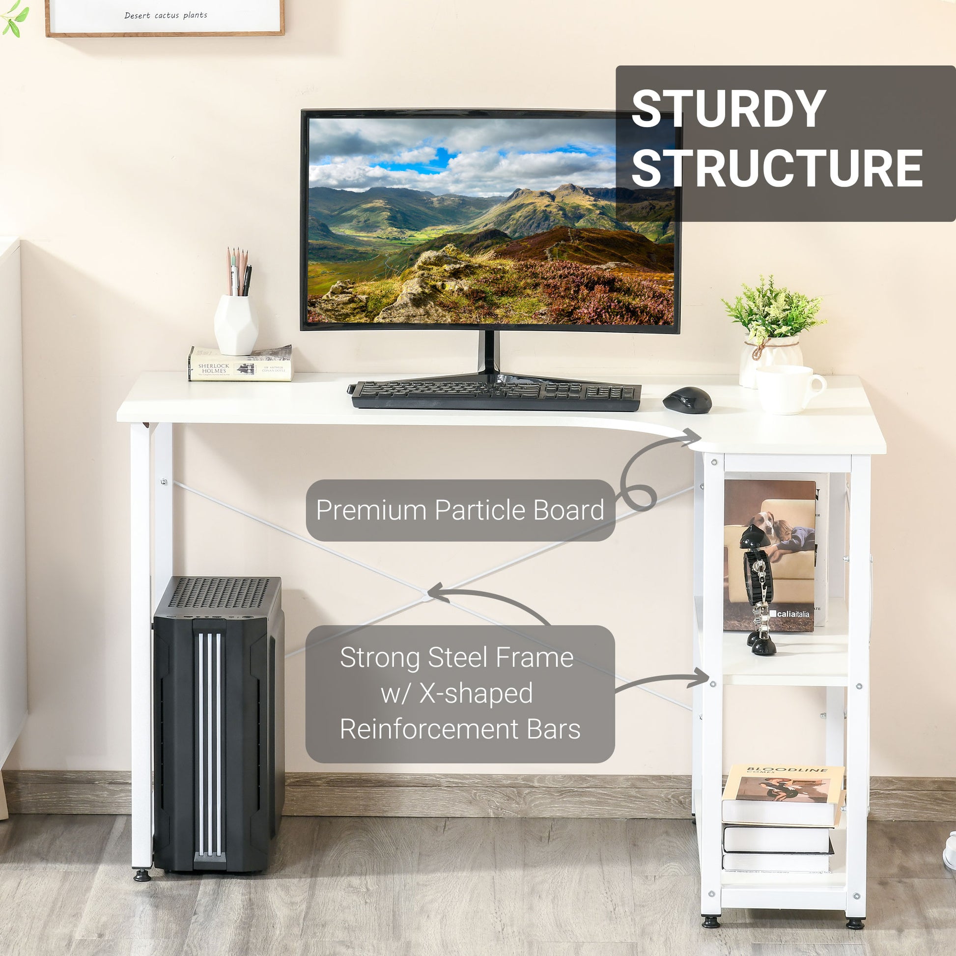 White particle board desk with integrated shelving and strong steel frame
