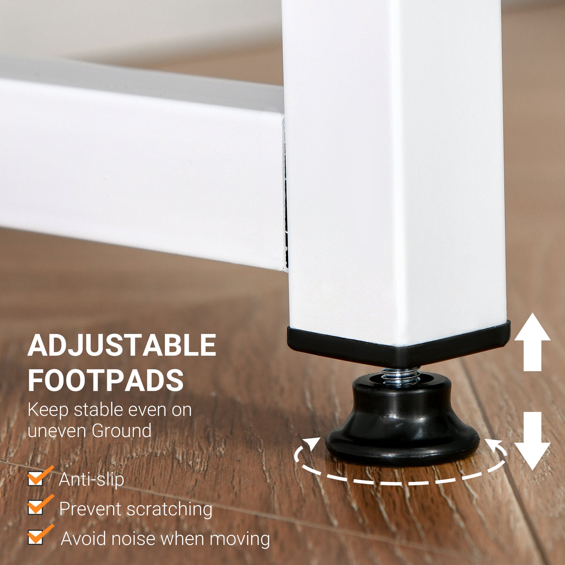 Closeup of a black adjustable footpad on a white furniture leg preventing scratches