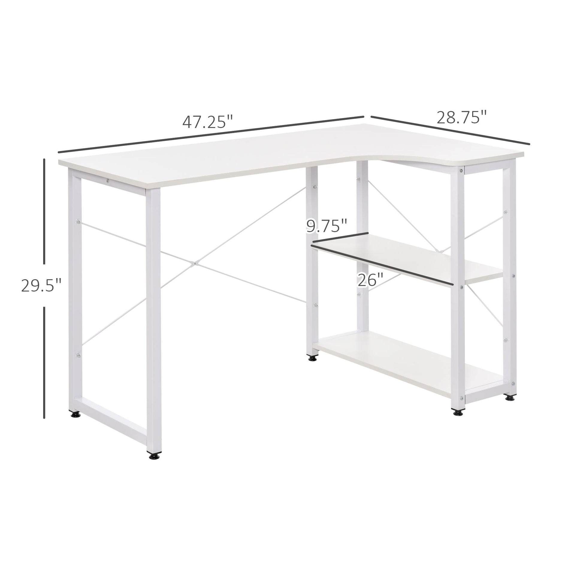 White Lshaped computer desk with two shelves and metal frame