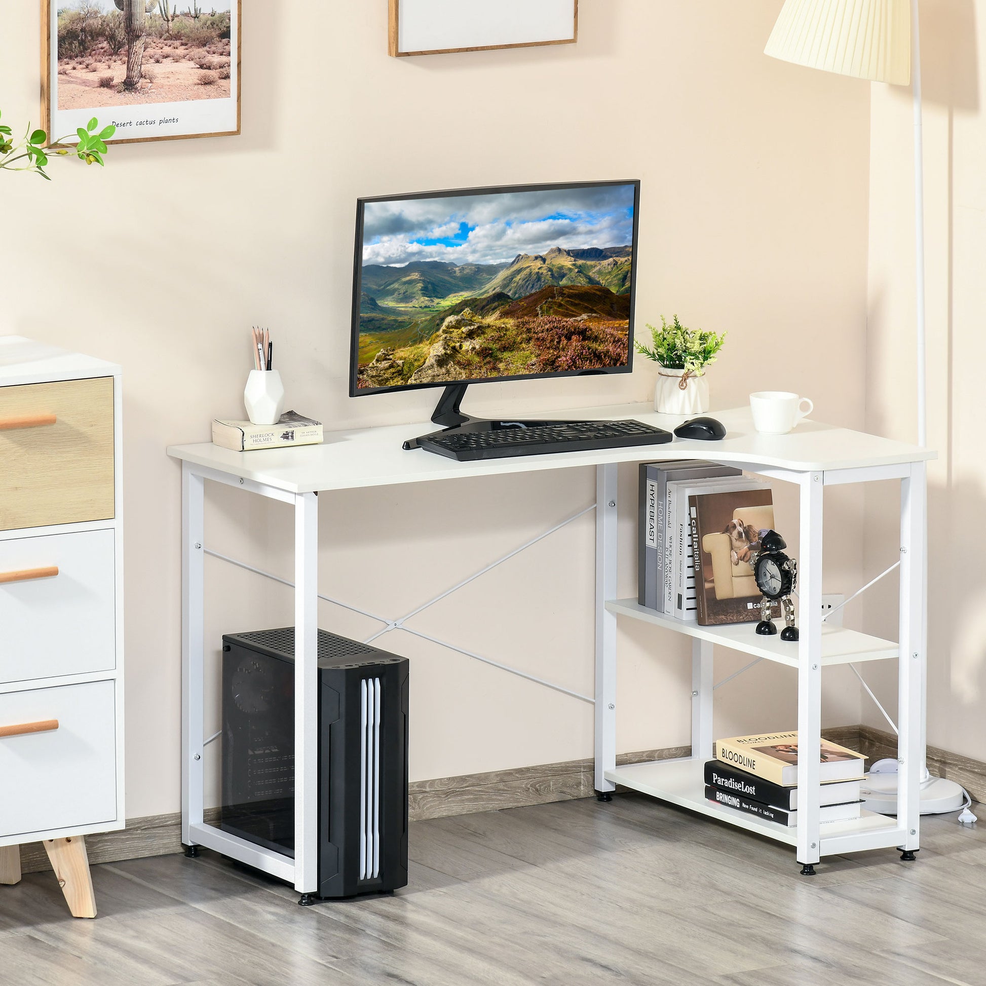 White Lshaped computer desk with shelves keyboard monitor and desktop tower