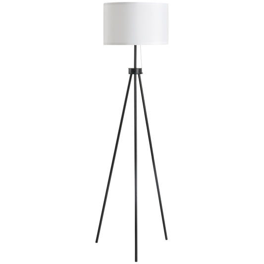 Black tripod floor lamp with a white drum shade and pull chain