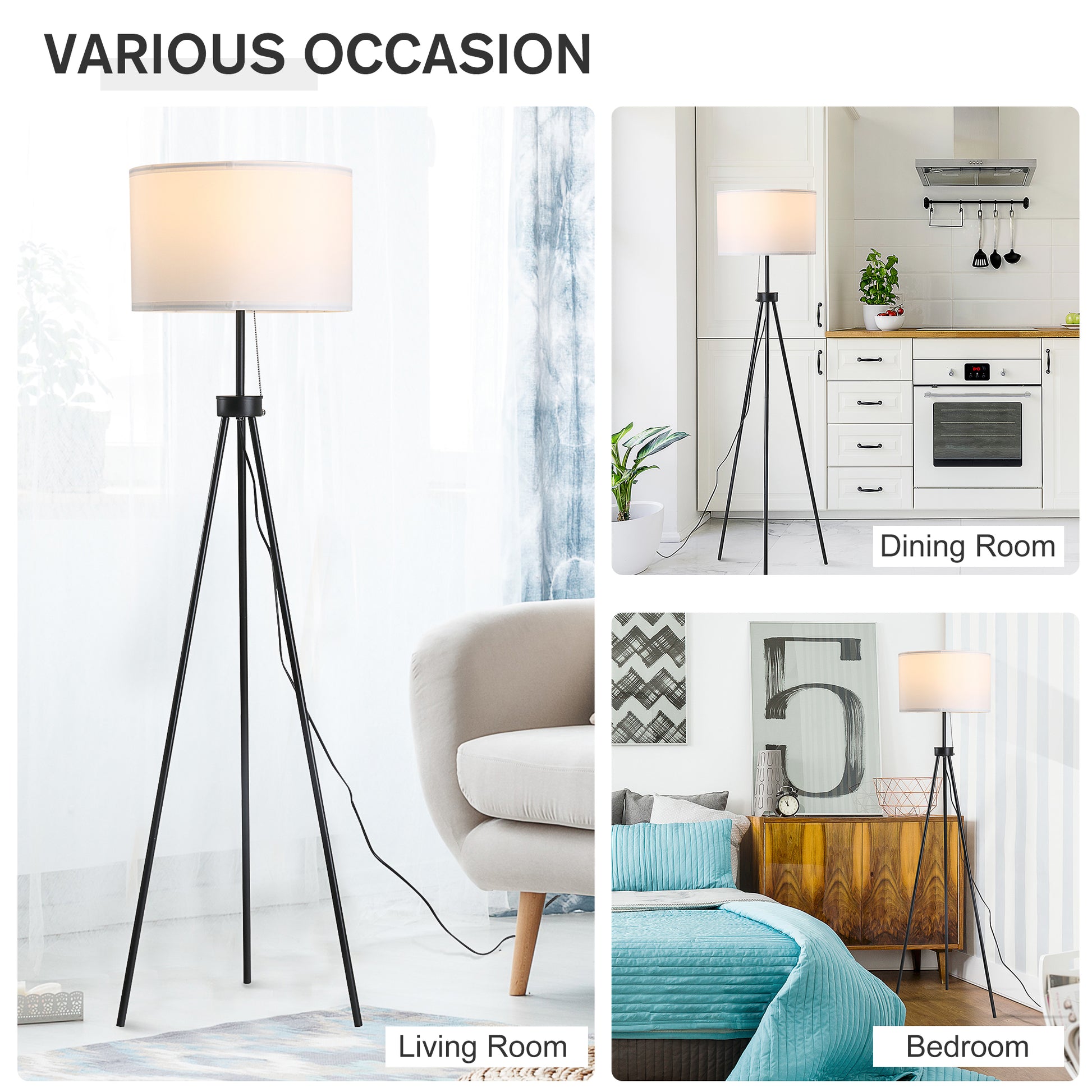 Modern black tripod floor lamp with white fabric shade perfect for living rooms