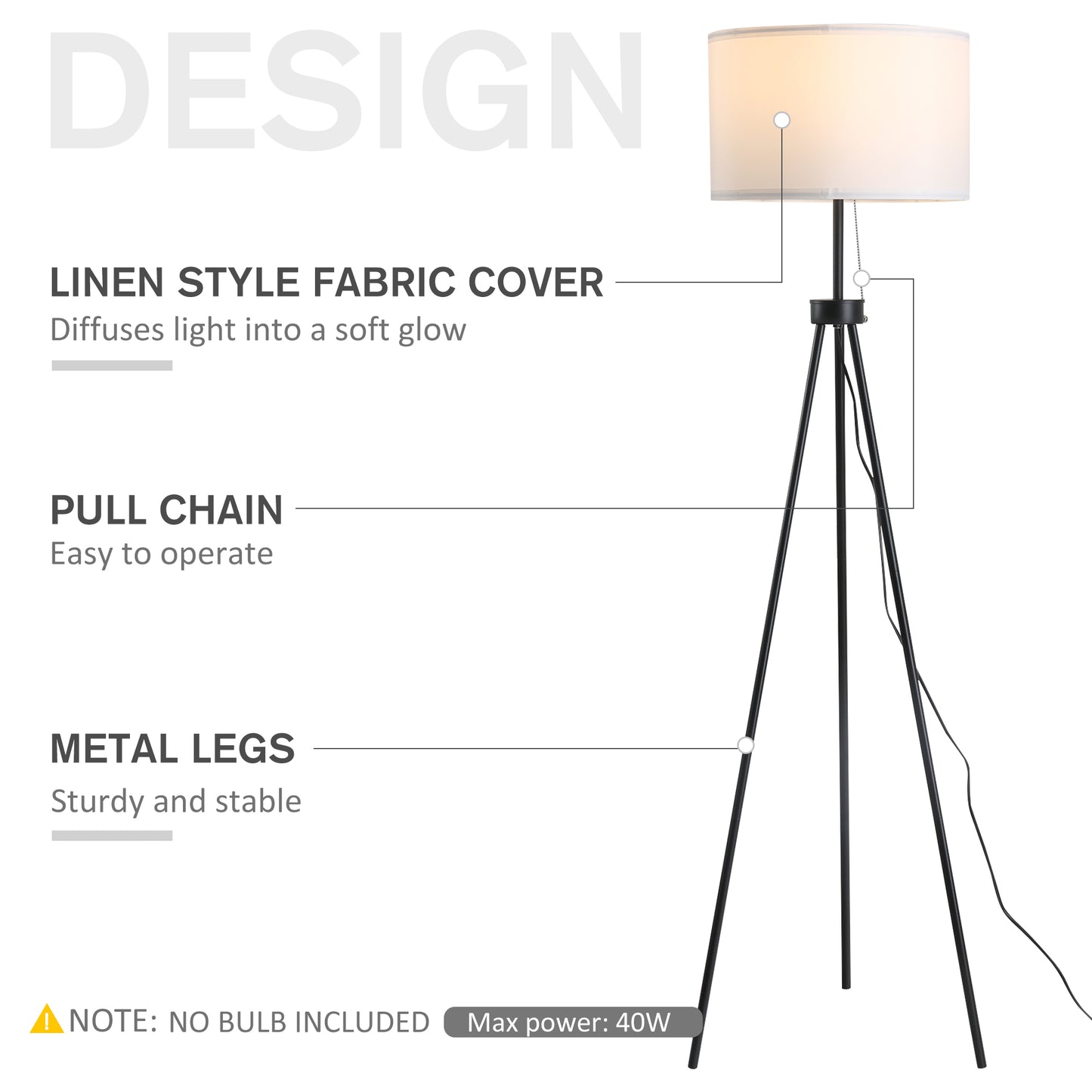 Black tripod floor lamp with linen fabric shade and pull chain operation