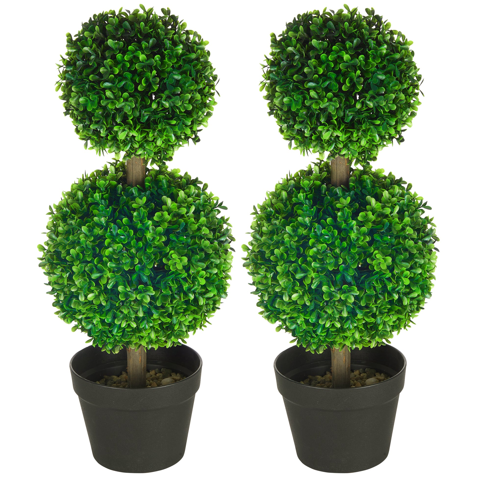 Pair of artificial topiary trees with green leaves in black pots perfect for outdoor decor