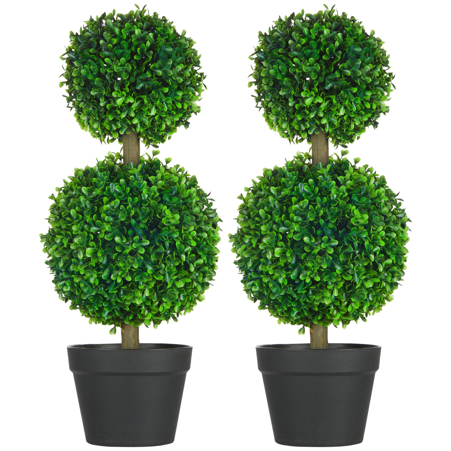 Two artificial topiary trees with round green foliage in black planters