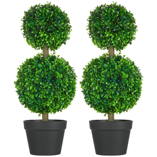 Two artificial topiary trees with round green foliage in black planters