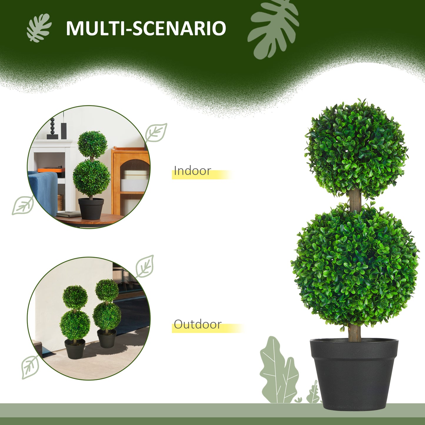 Tall artificial boxwood topiary with two green spheres in a black pot