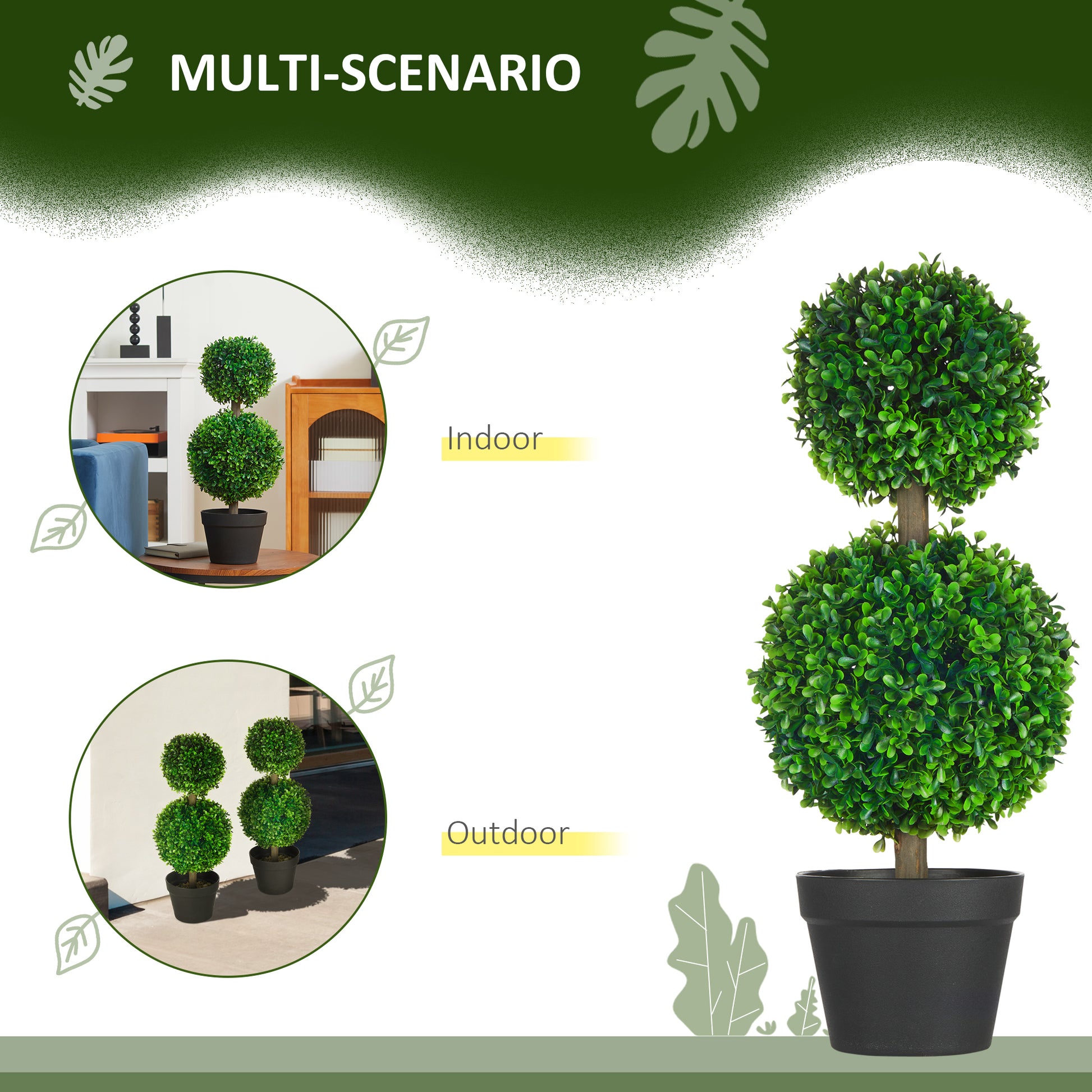 Tall artificial boxwood topiary with two green spheres in a black pot