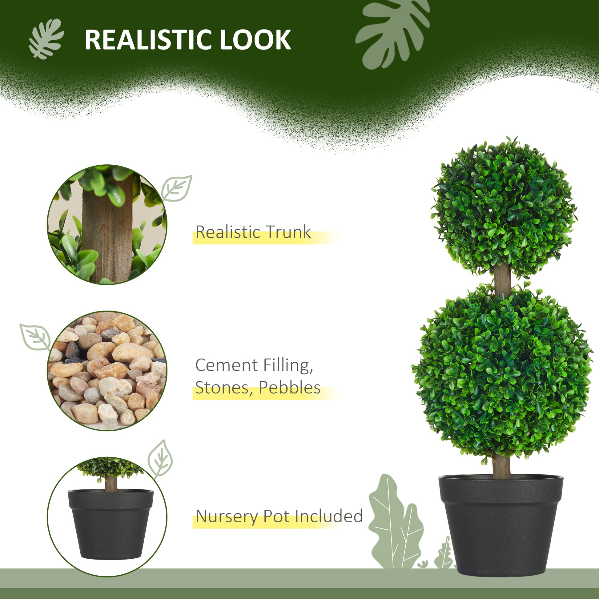 Realistic artificial topiary tree with double green spheres on a wooden trunk in a black pot