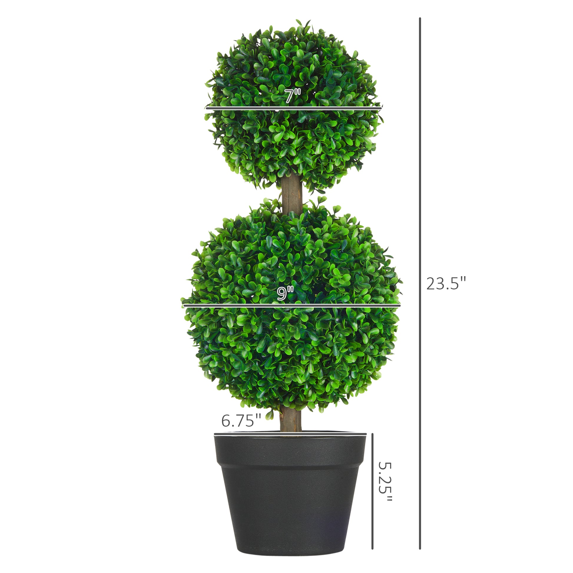 Artificial boxwood topiary with two green spheres in a black pot  height