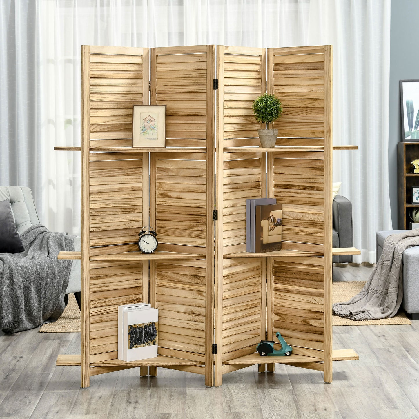 Natural wood room divider with slatted panels and integrated shelves for display
