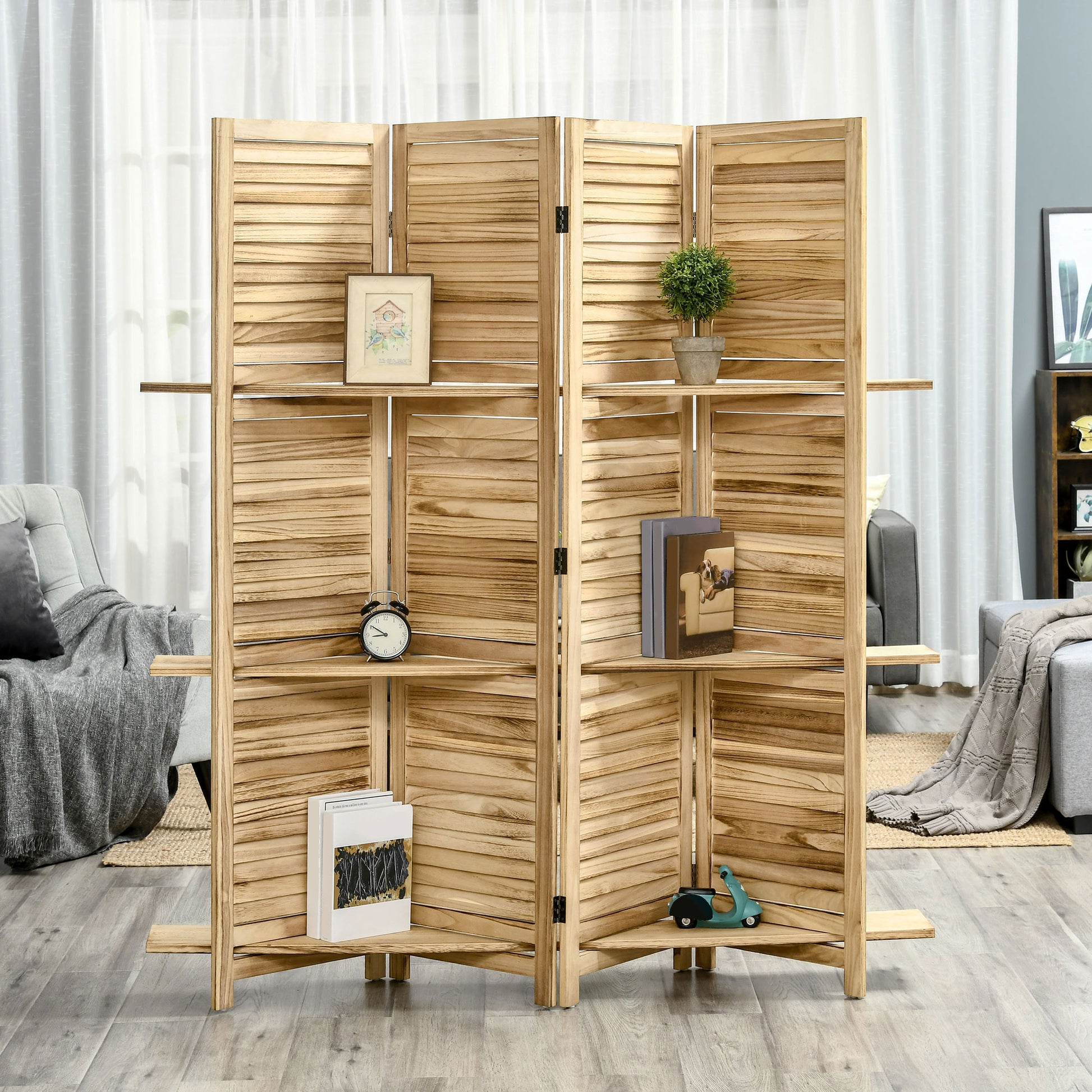 Natural wood room divider with slatted panels and integrated shelves for display