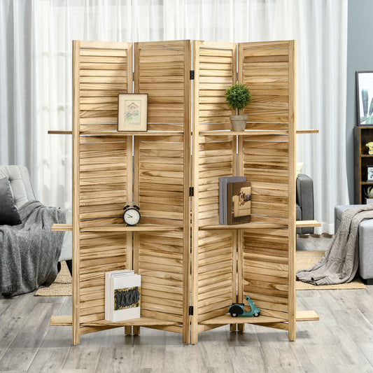 Natural wood room divider with slatted panels and integrated shelves for display