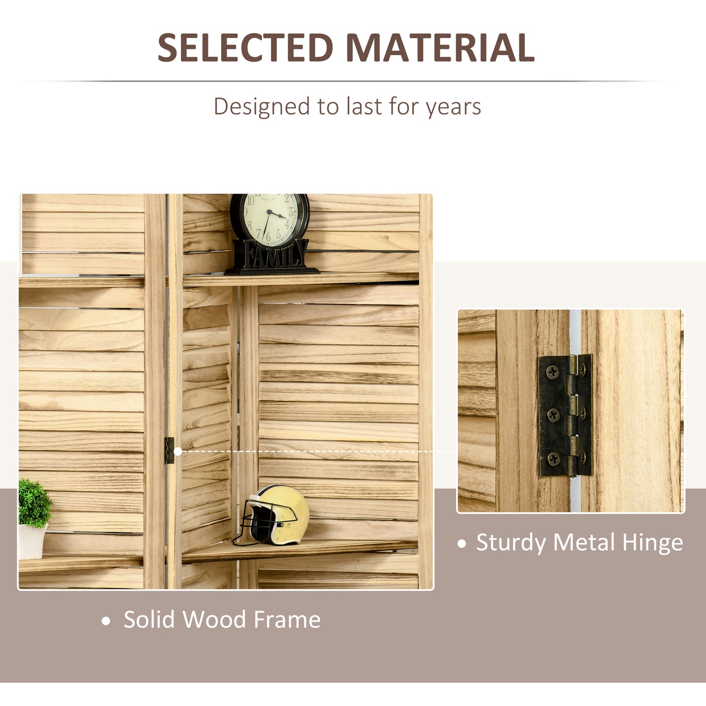 Light brown wooden room divider with slatted panels and a black framed clock