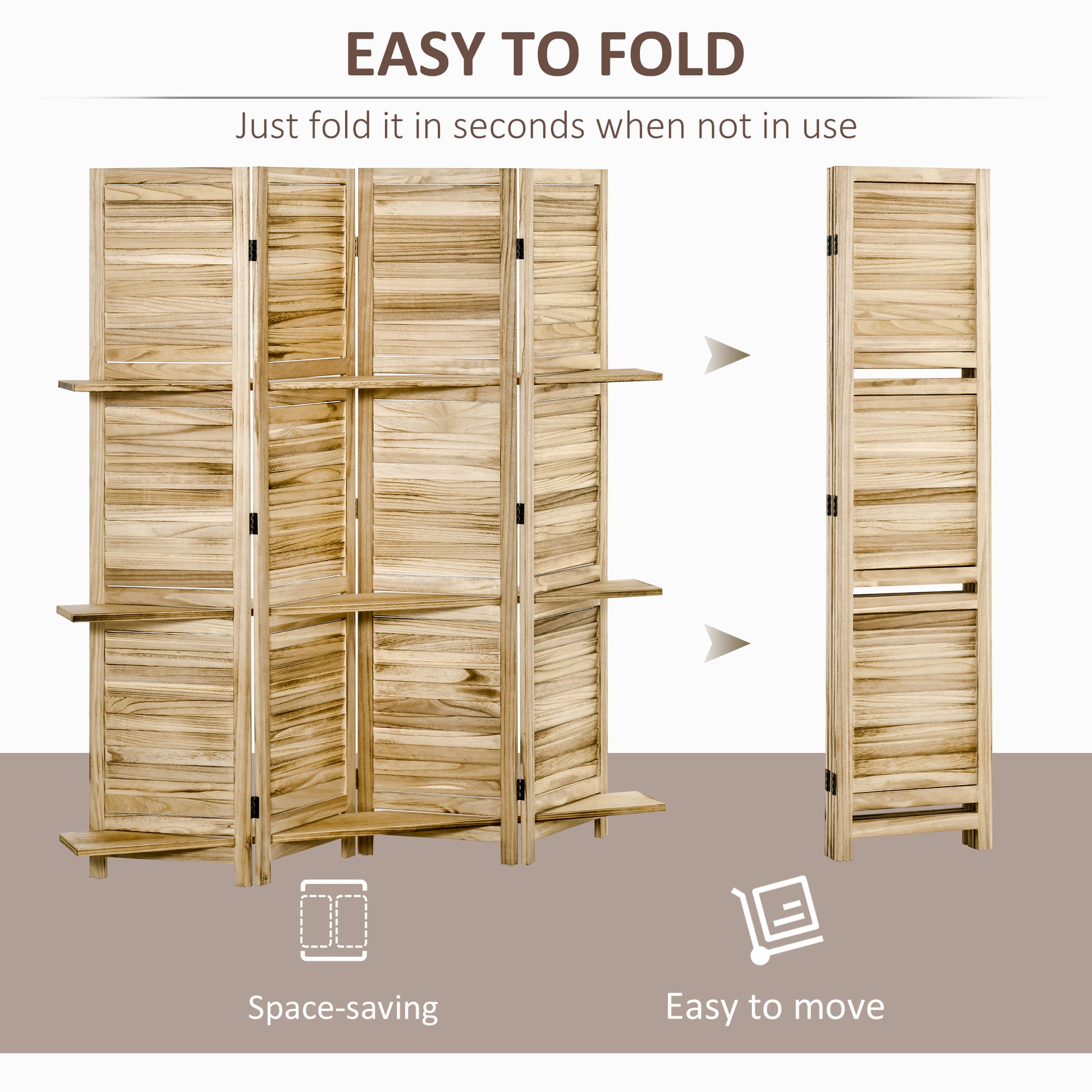 Natural wood panel room divider with shelves shown folded and open