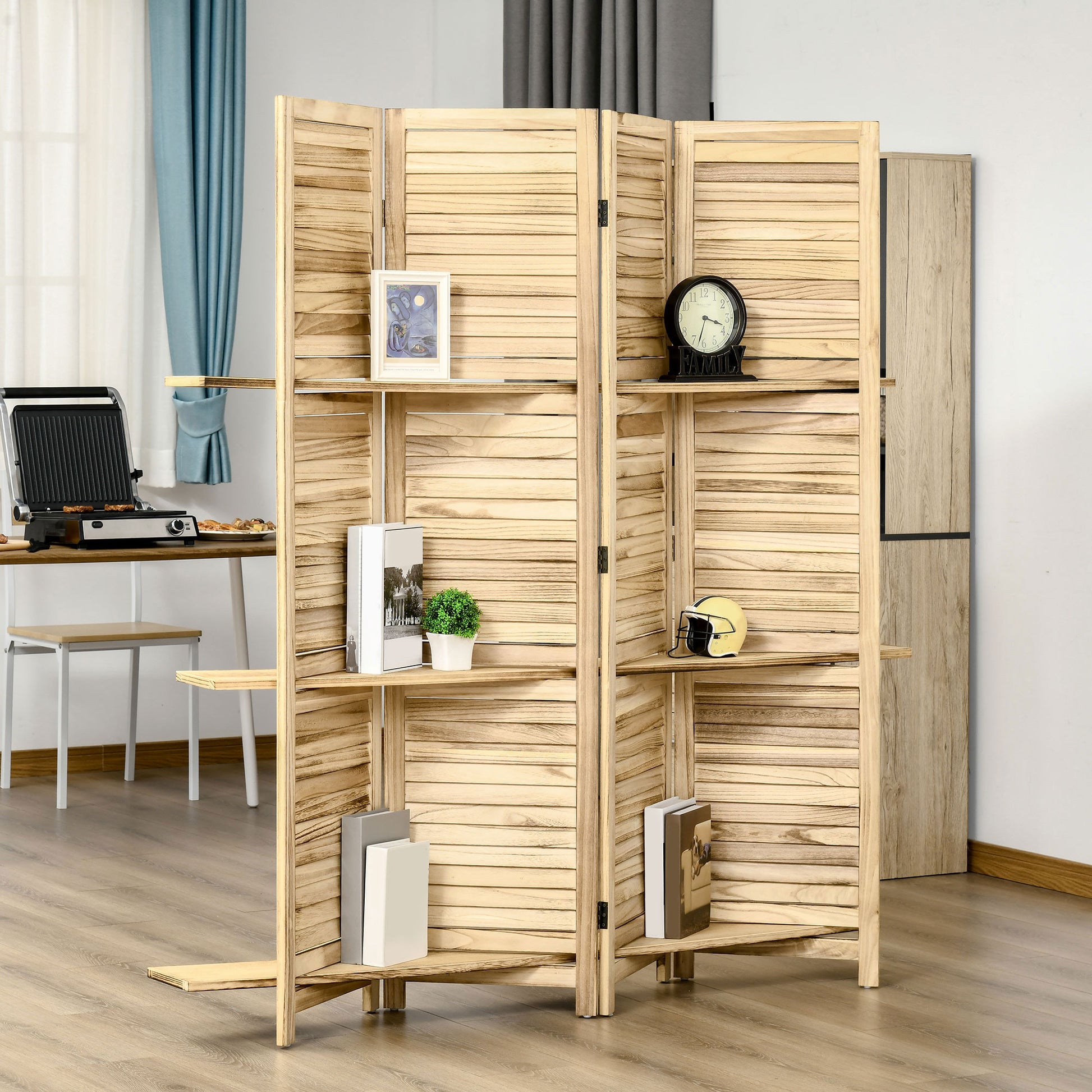 Wooden room divider screen with slatted panels and integrated shelves