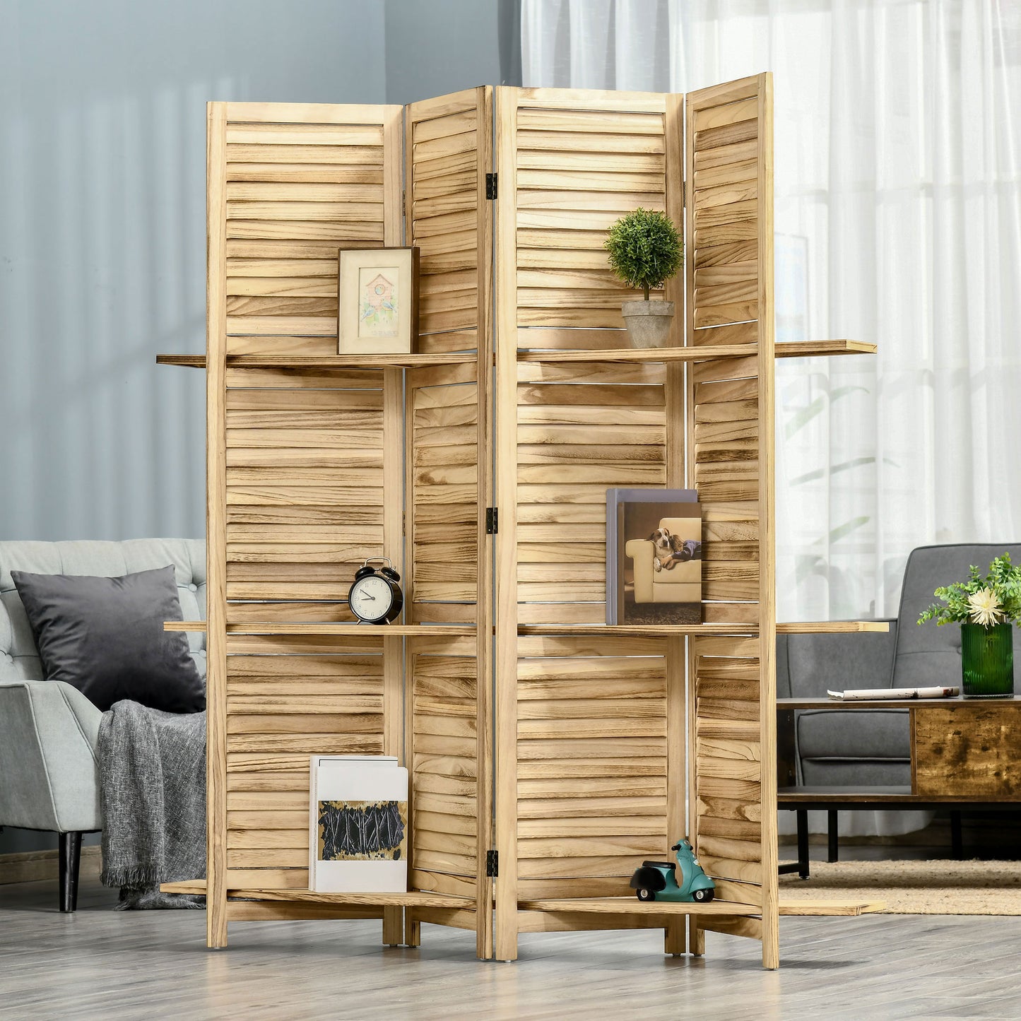 Natural wood panel folding room divider with integrated shelves for decor