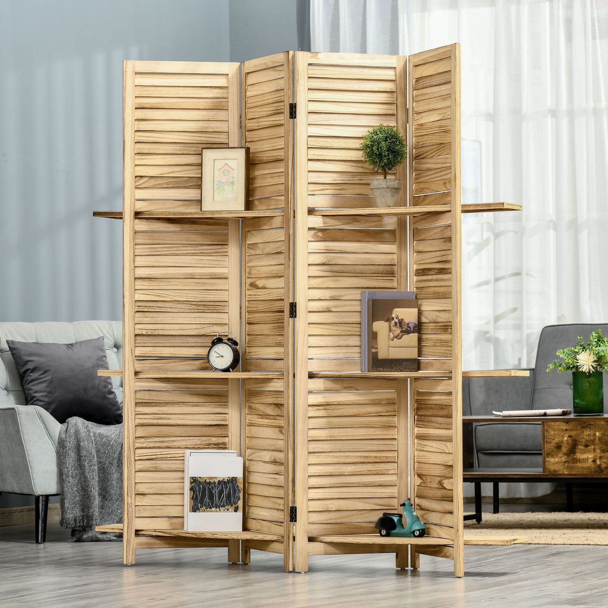 Natural wood panel folding room divider with integrated shelves for decor