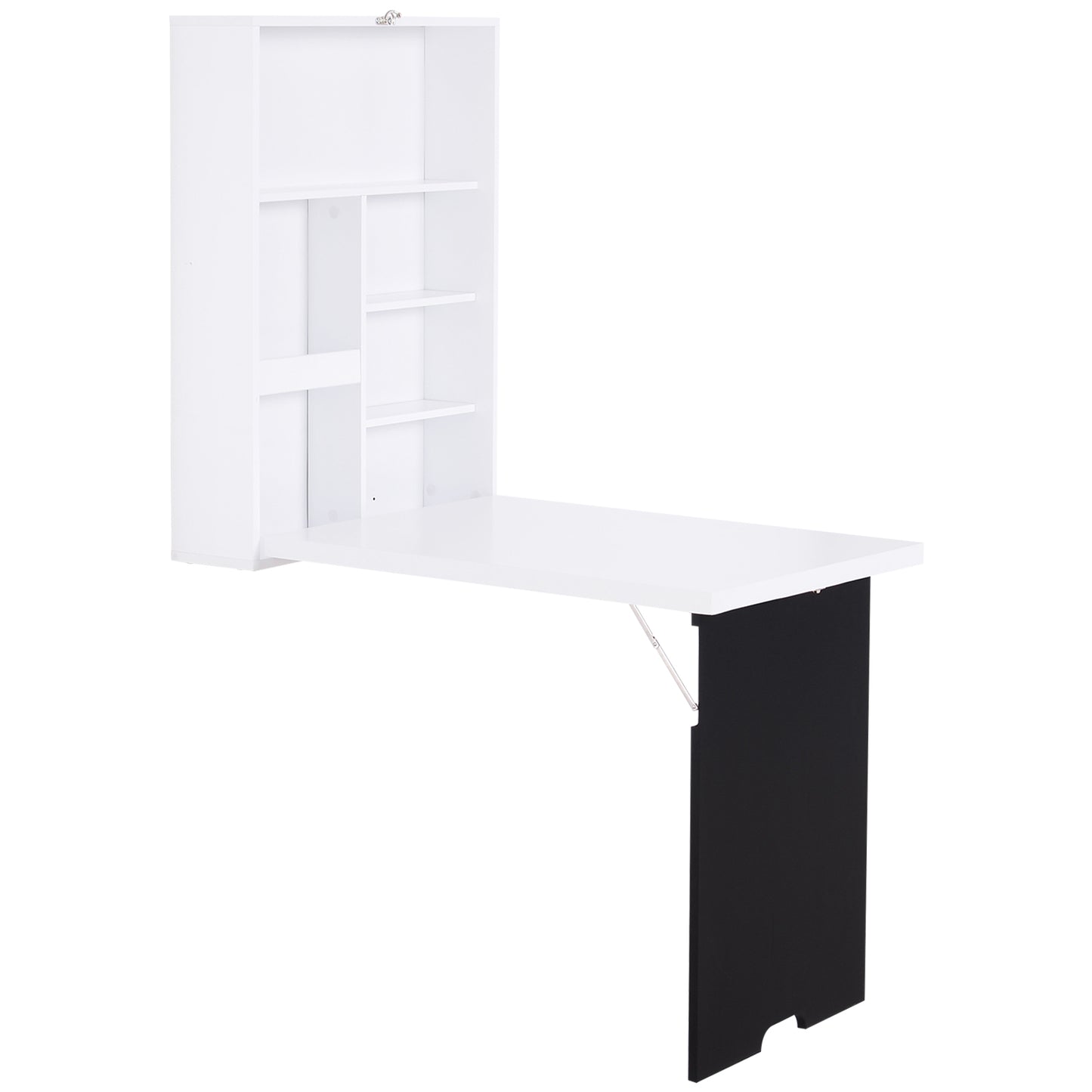 White wallmounted folding desk with an integrated bookshelf and black panel