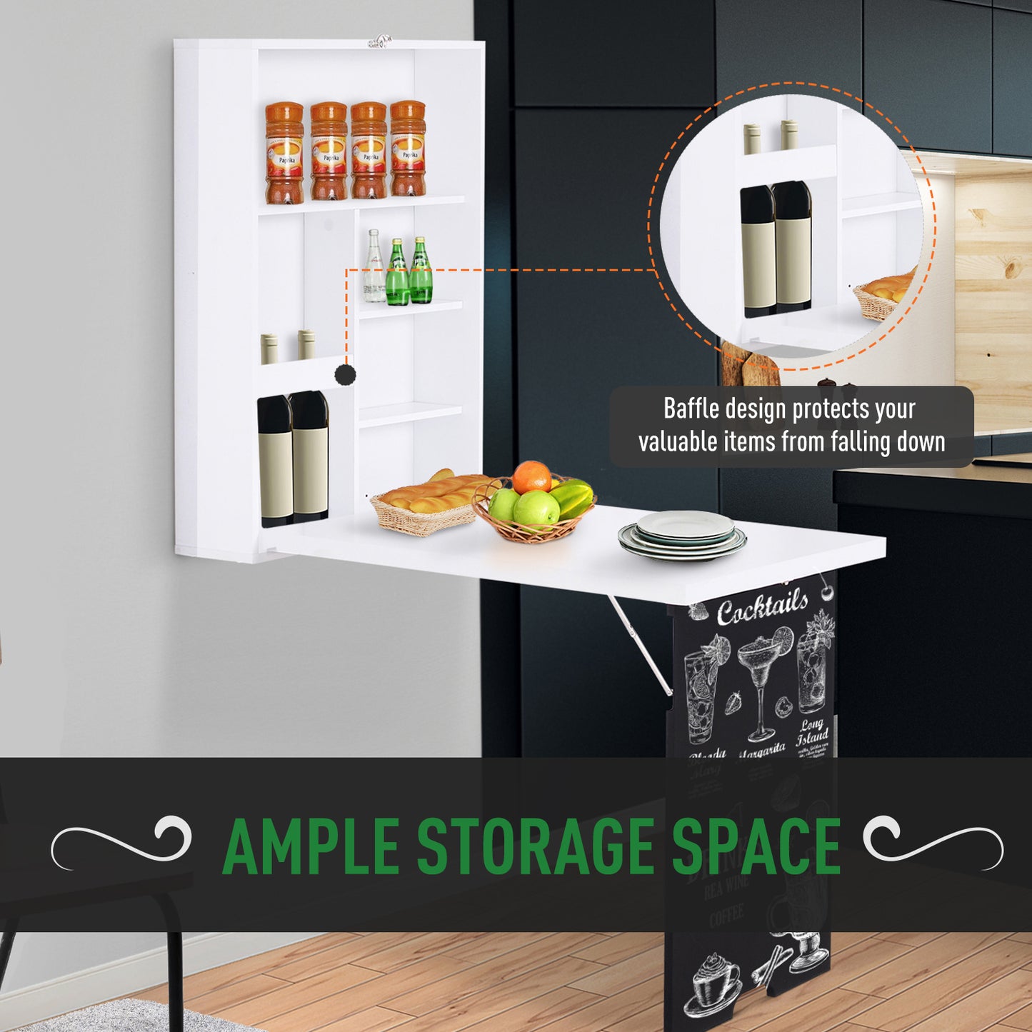 Wallmounted folding table in white with spice jars and bottles on shelves