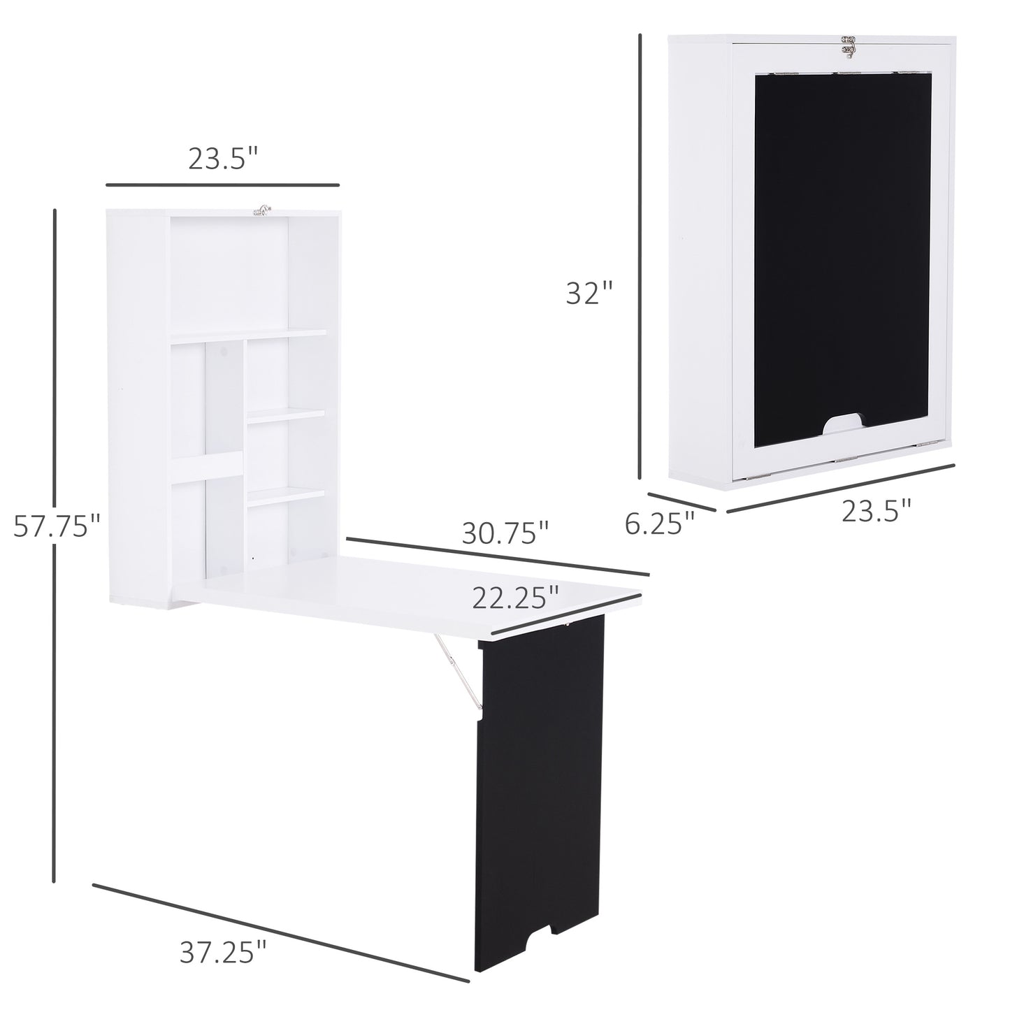 White folddown wall desk with integrated shelving and black backing