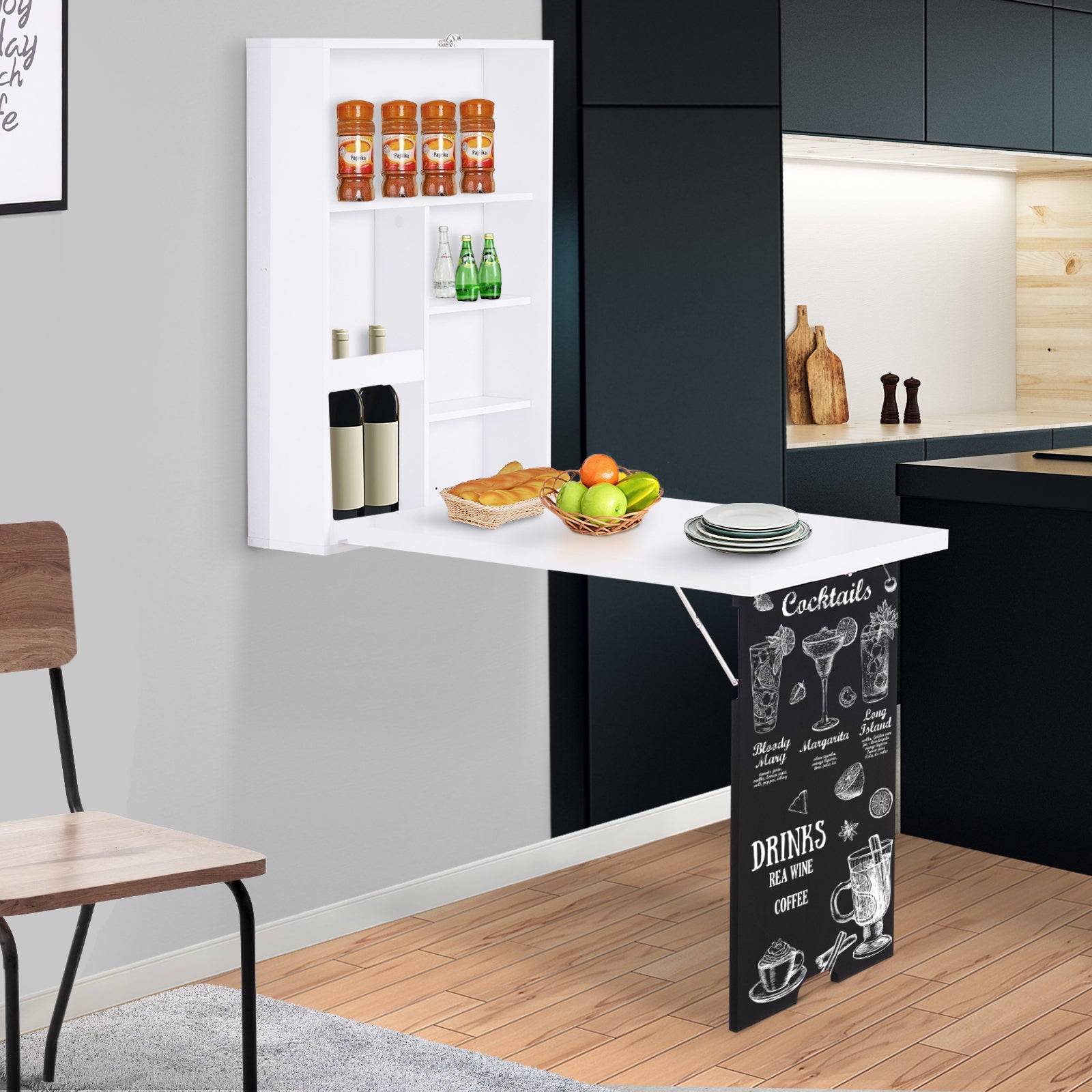 White wallmounted folding desk with a builtin shelf displaying spices and drinks