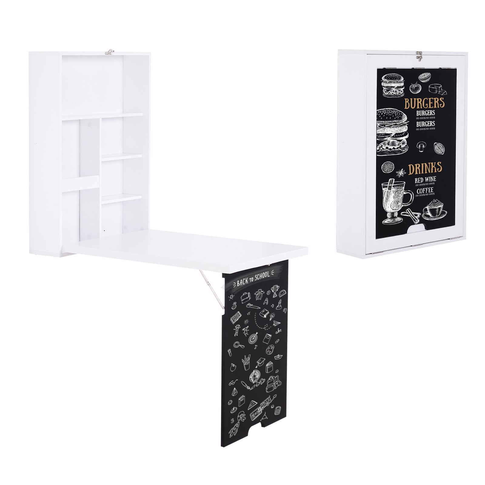 White wallmounted desk with shelves and foldout tabletop featuring chalk drawings of school supplies