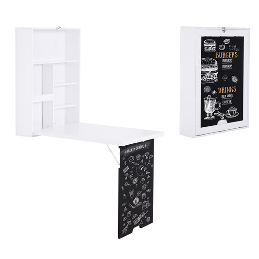 White wallmounted desk with shelves and foldout tabletop featuring chalk drawings of school supplies
