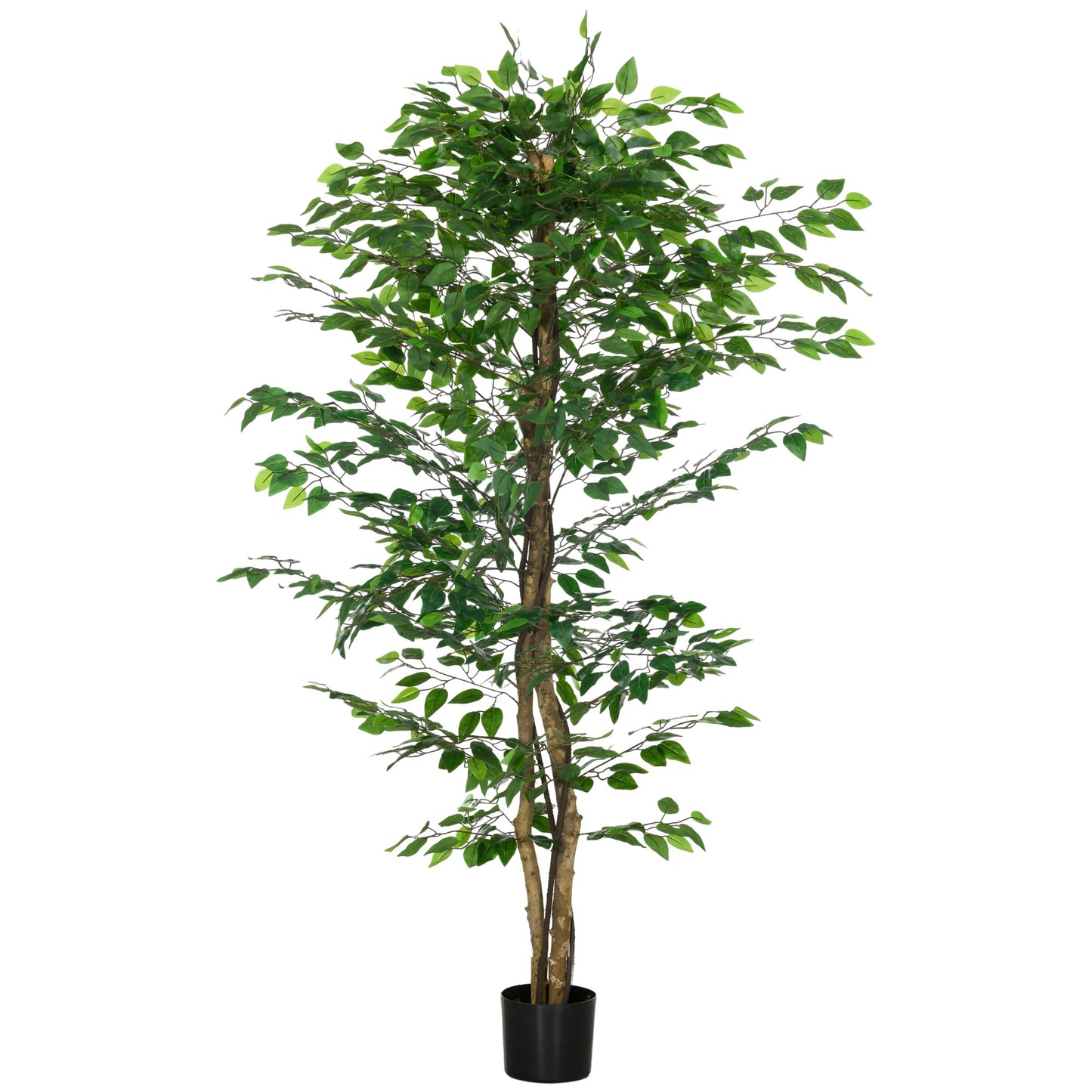 Tall artificial ficus tree with lush green leaves in a black planter