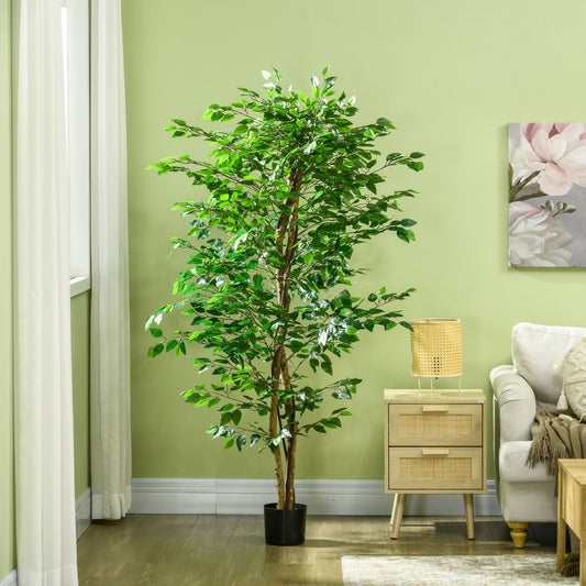 Tall artificial ficus tree with lush green leaves in a black planter pot