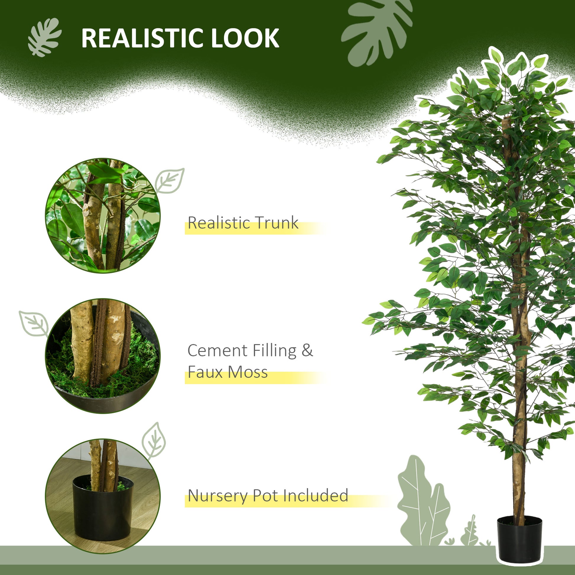 Realistic artificial ficus tree with textured brown trunk and dense green leaves