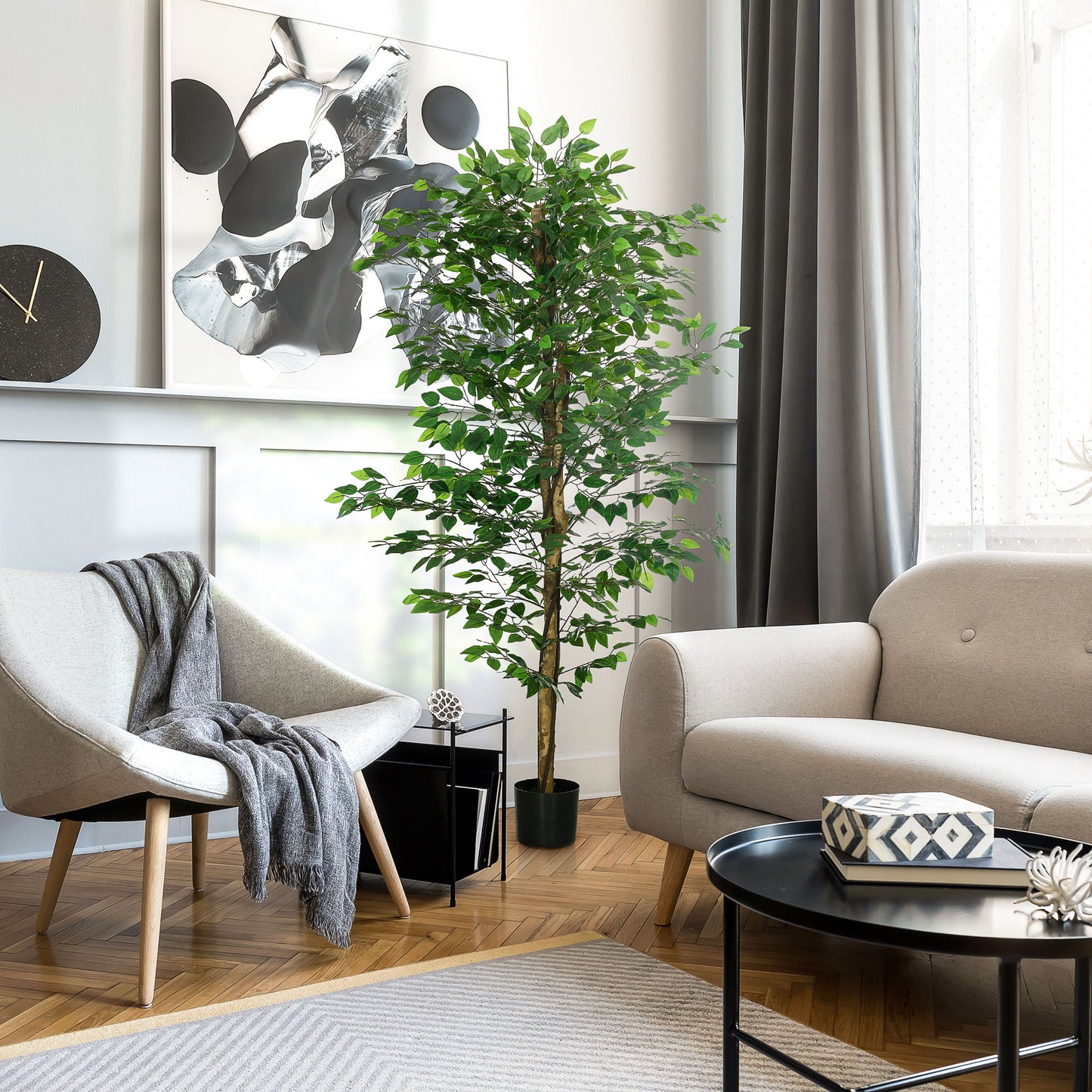 Tall artificial ficus tree with lush green leaves perfect for modern living room decor
