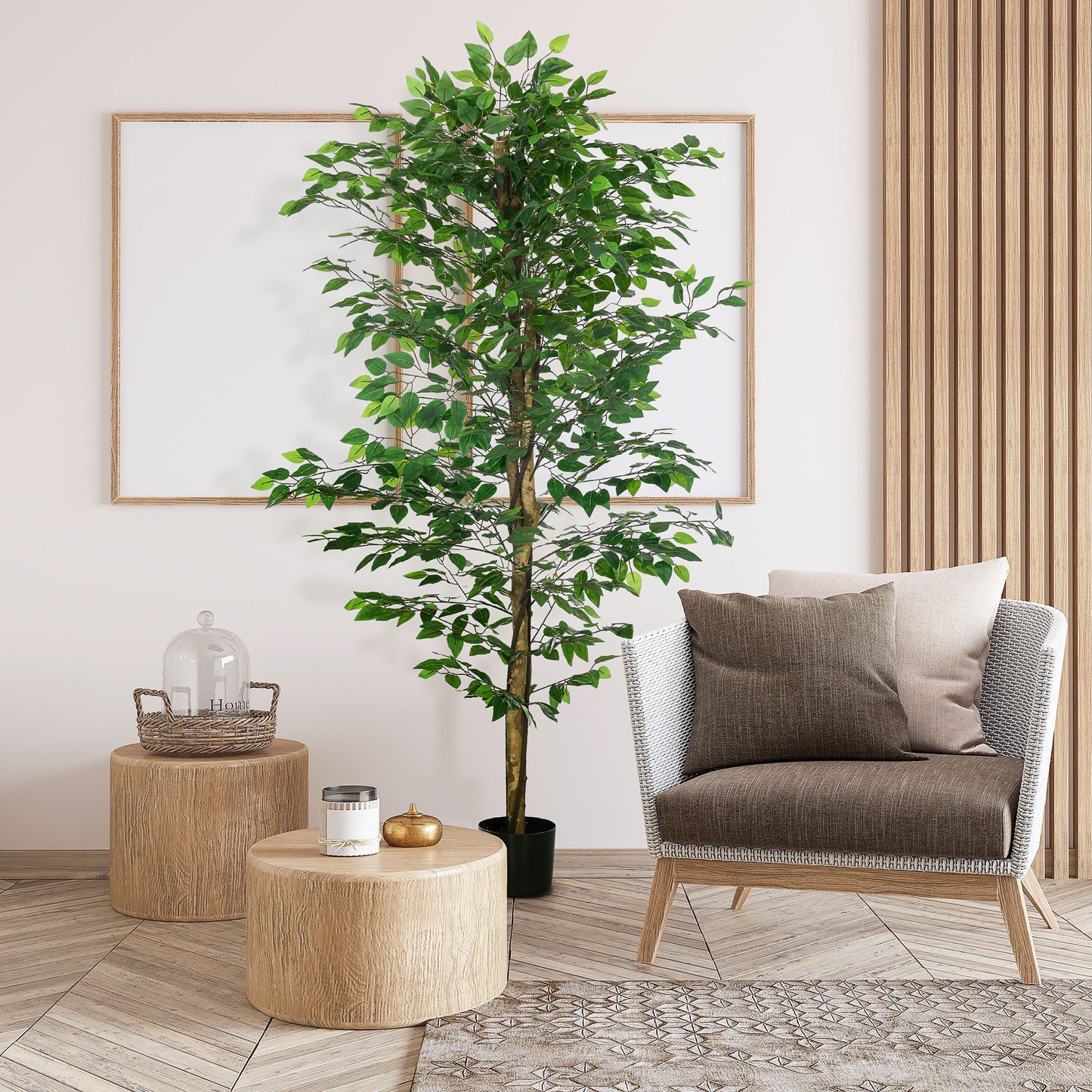 Tall artificial ficus tree with dense green leaves in a black pot